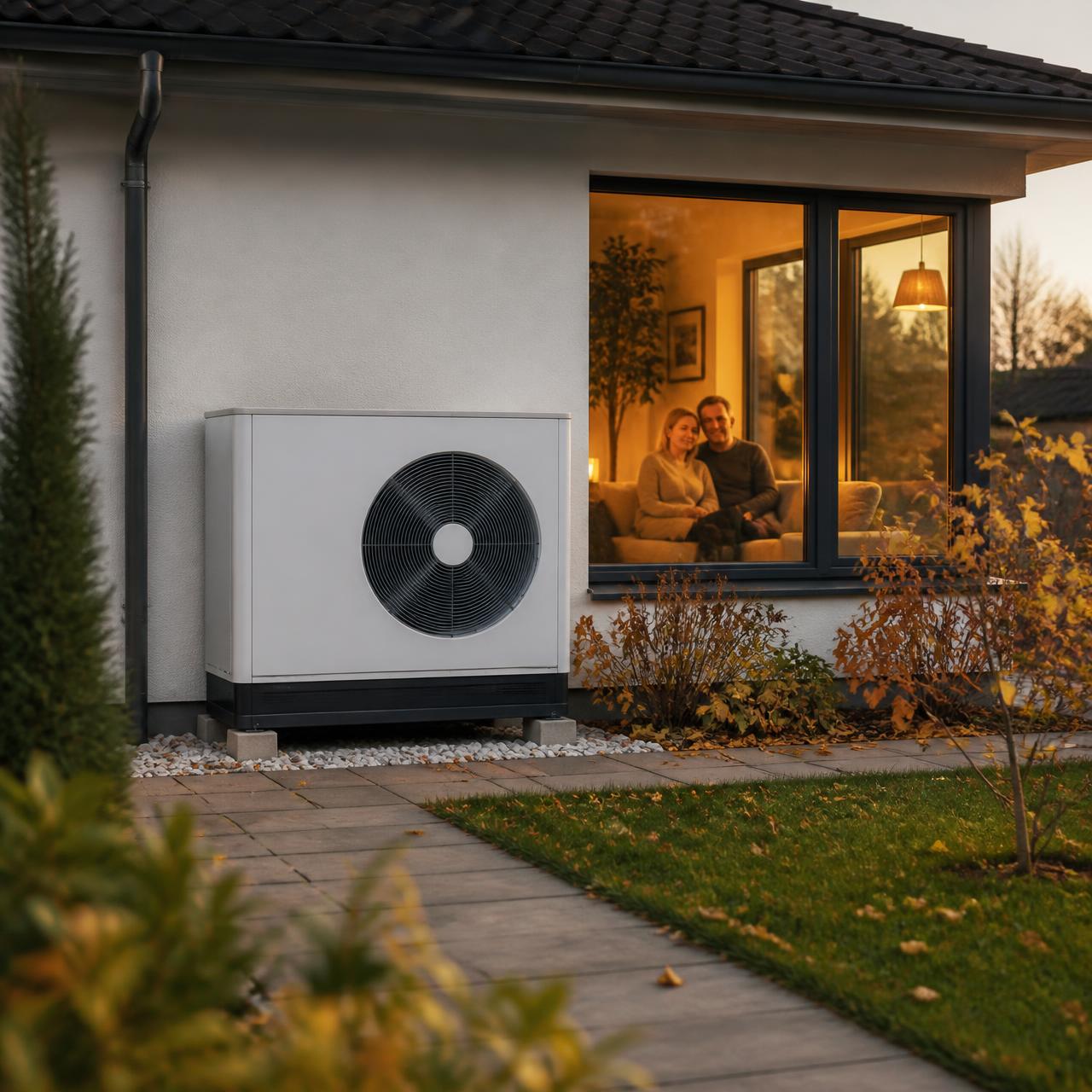 Moderne Wärmepumpe an einem gemütlichen Einfamilienhaus, im warm beleuchteten Wohnzimmer entspannt ein Paar auf dem Sofa.
